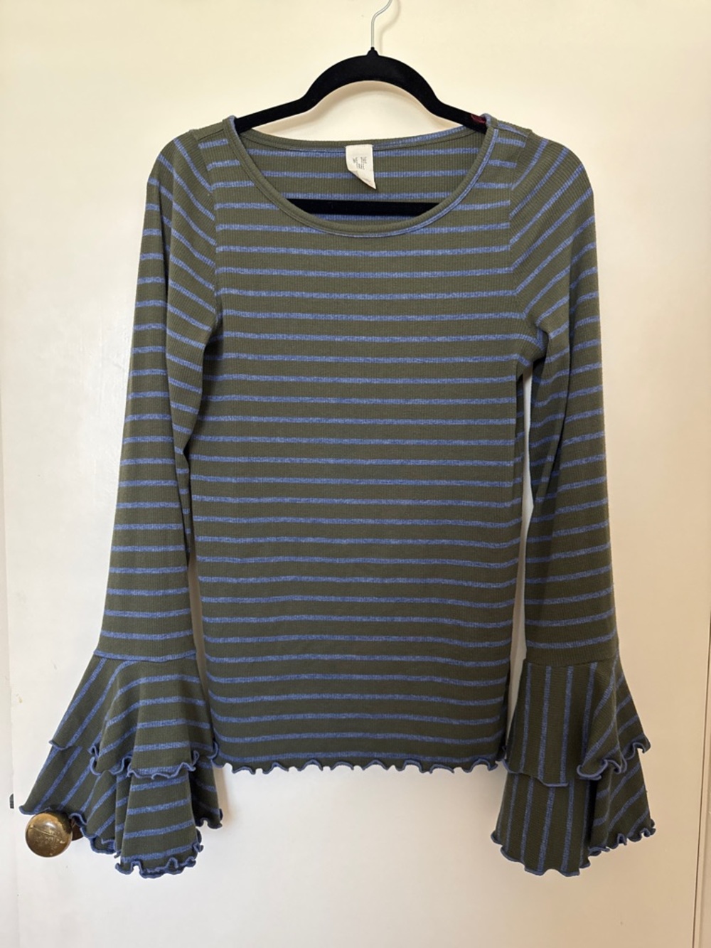 We The Free Good Find striped top w/ lettuce bell sleeves Olive & Light Blue L